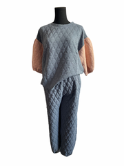 Quilted Puff Sleeve Jogger Set-Blue/Blush