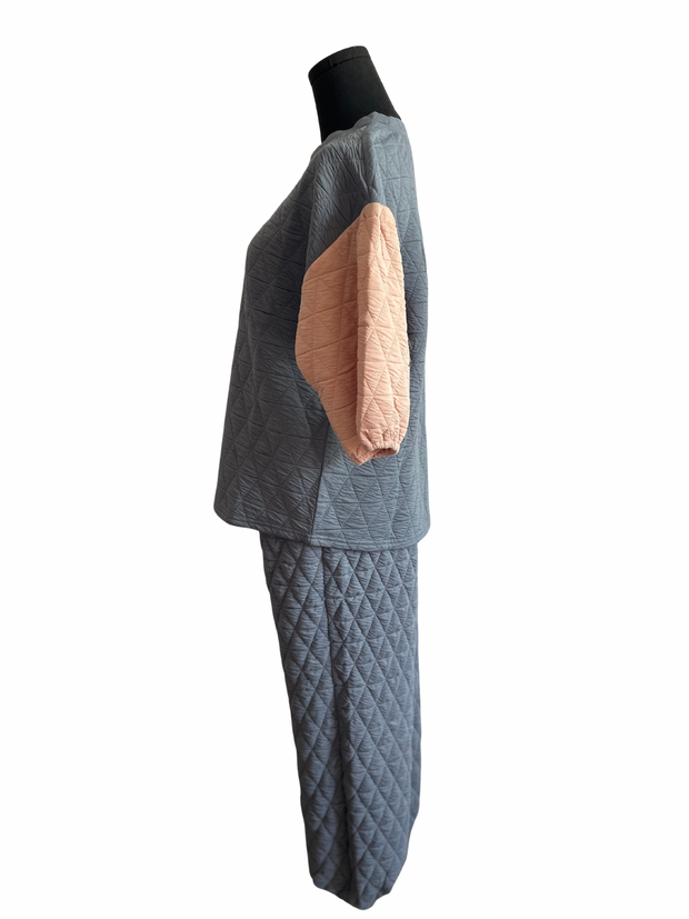 Quilted Puff Sleeve Jogger Set-Blue/Blush