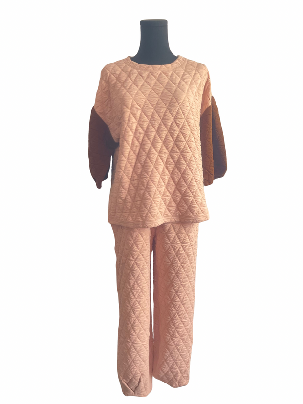 Quilted Puff Sleeve Jogger Set- Blush/Rust