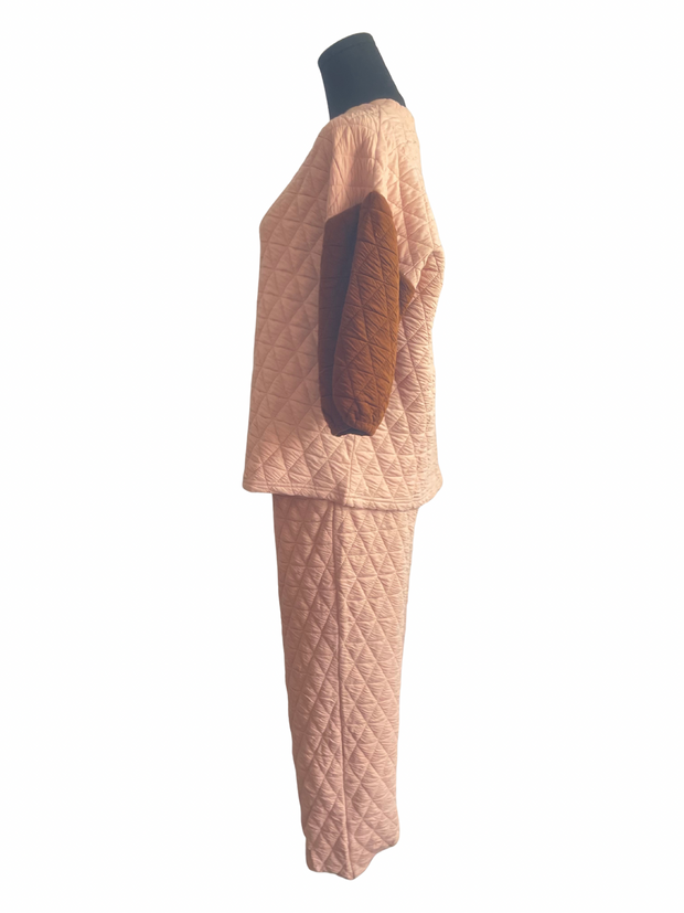 Quilted Puff Sleeve Jogger Set- Blush/Rust