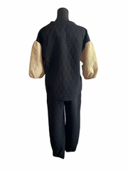 Quilted Puff Sleeve Jogger Set- Black/Cream