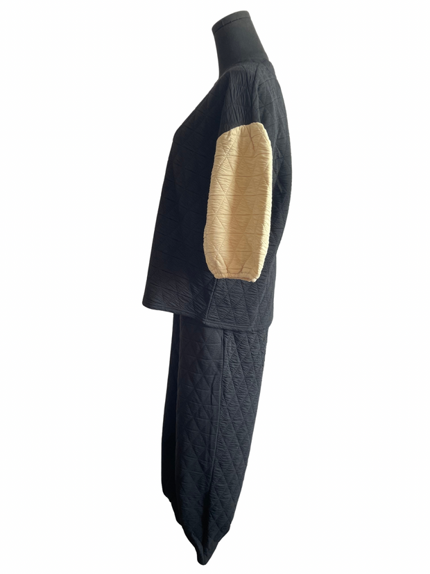 Quilted Puff Sleeve Jogger Set- Black/Cream
