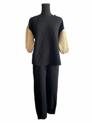 Quilted Puff Sleeve Jogger Set- Black/Cream