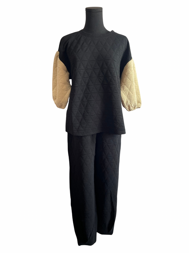 Quilted Puff Sleeve Jogger Set- Black/Cream