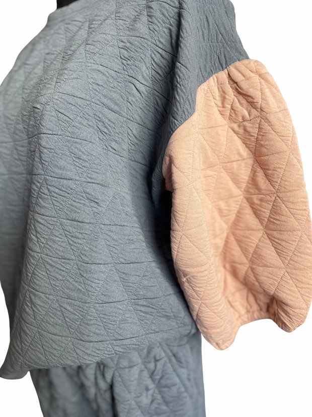 Quilted Puff Sleeve Jogger Set-Blue/Blush