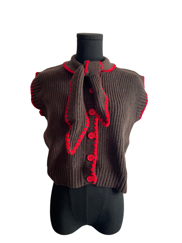 Charcoal/Red Bold Buttons Sleeveless Sweater