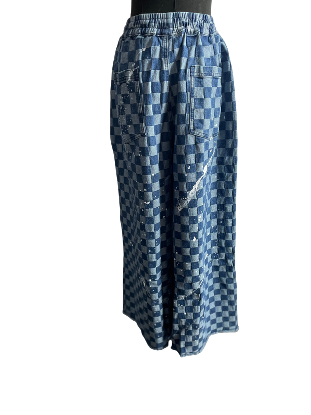 Denim Checkered Wide Leg Pant