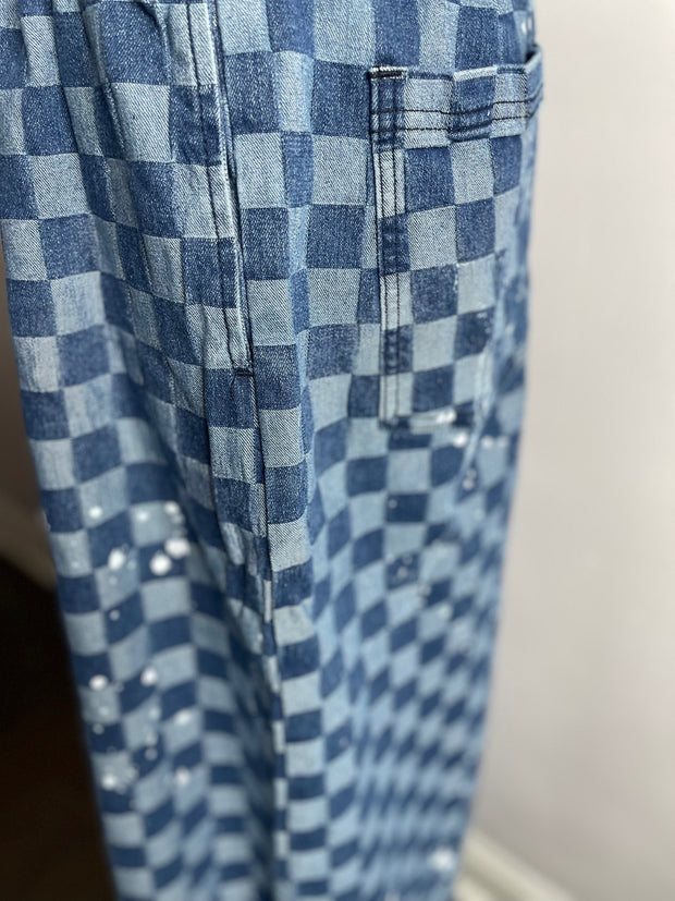 Denim Checkered Wide Leg Pant