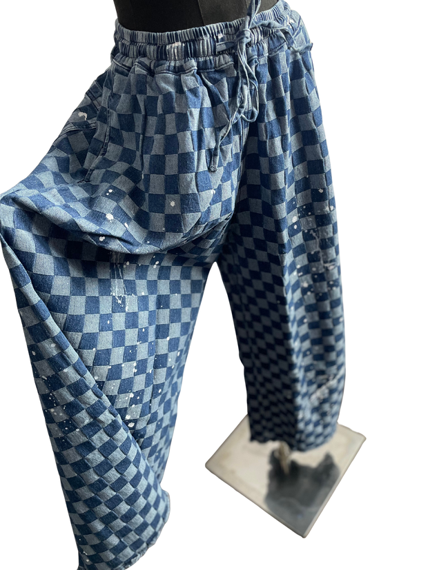 Denim Checkered Wide Leg Pant