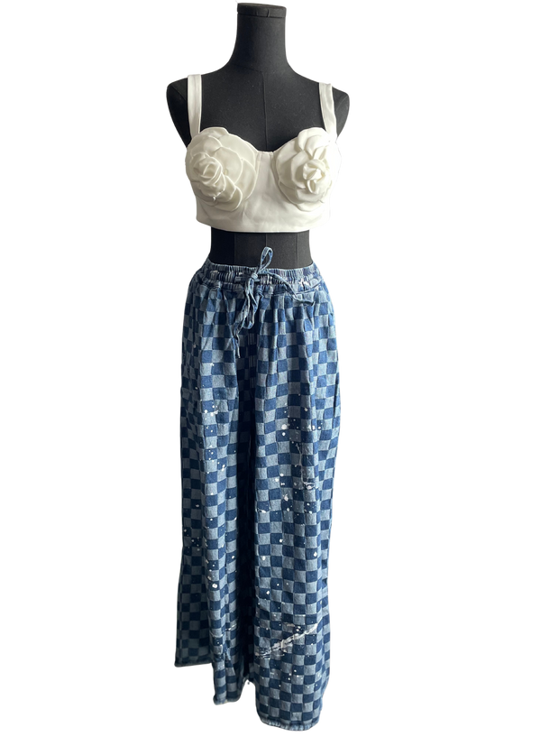 Denim Checkered Wide Leg Pant