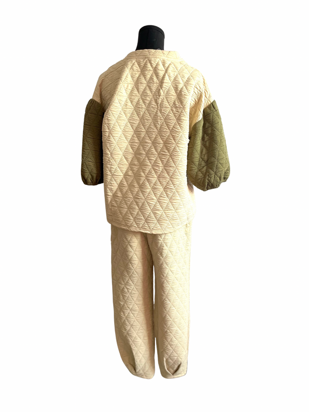 Quilted Puff Sleeve Jogger Set-Cream/Olive