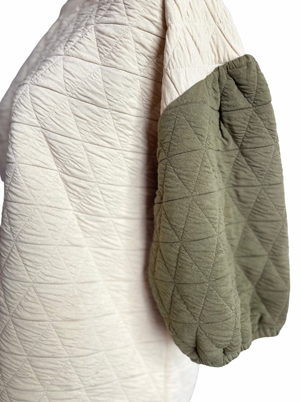 Quilted Puff Sleeve Jogger Set-Cream/Olive