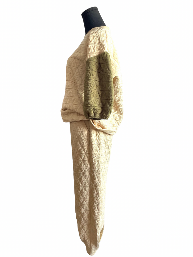 Quilted Puff Sleeve Jogger Set-Cream/Olive