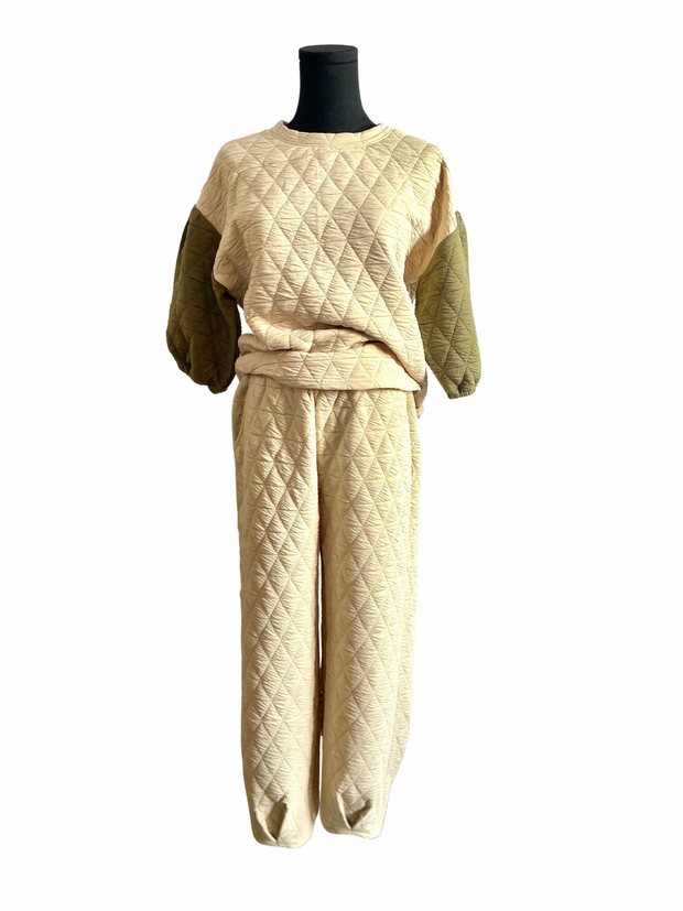 Quilted Puff Sleeve Jogger Set-Cream/Olive